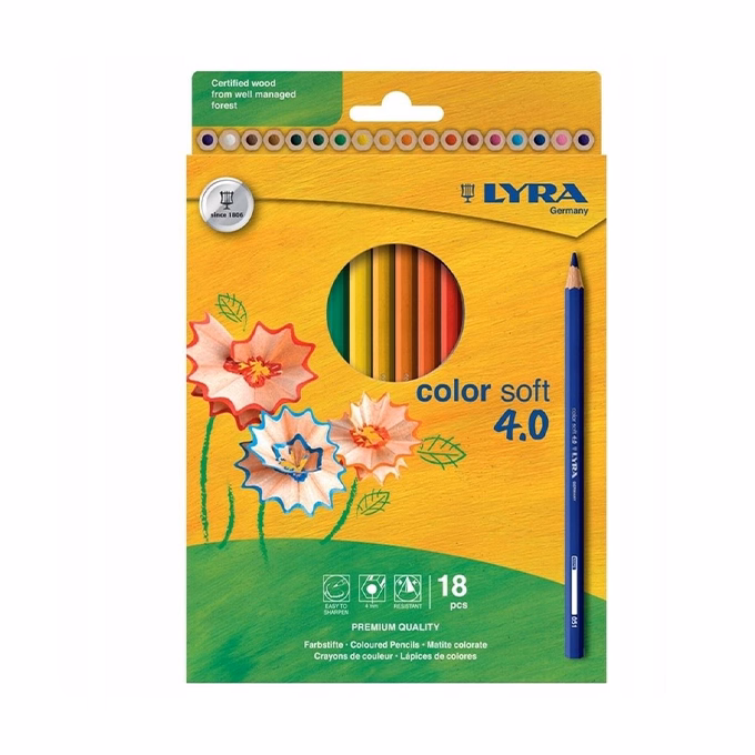 Színes ceruza LYRA Color Soft 4.0 extra puha élénk lágy színek 18 darabos