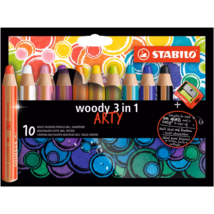 Színes ceruza STABILO Woody Arty 3in1 hengeres vastag 10 darabos+hegyező