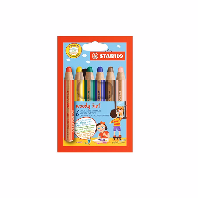 Színes ceruza STABILO Woody 3in1 hengeres vastag 6 darabos