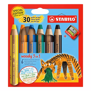 Színes ceruza STABILO Woody Tiger 3in1 hengeres vastag hegyezővel 6 darabos
