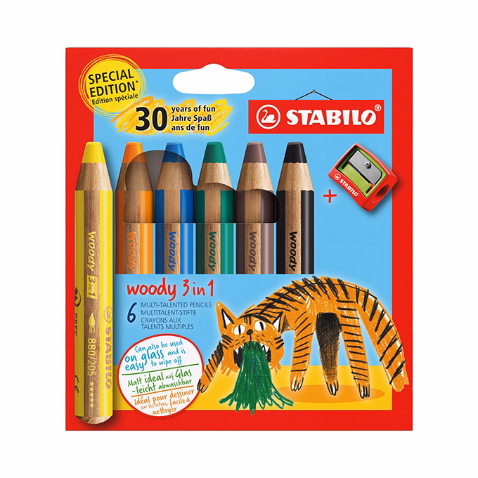 Színes ceruza STABILO Woody Tiger 3in1 hengeres vastag hegyezővel 6 darabos