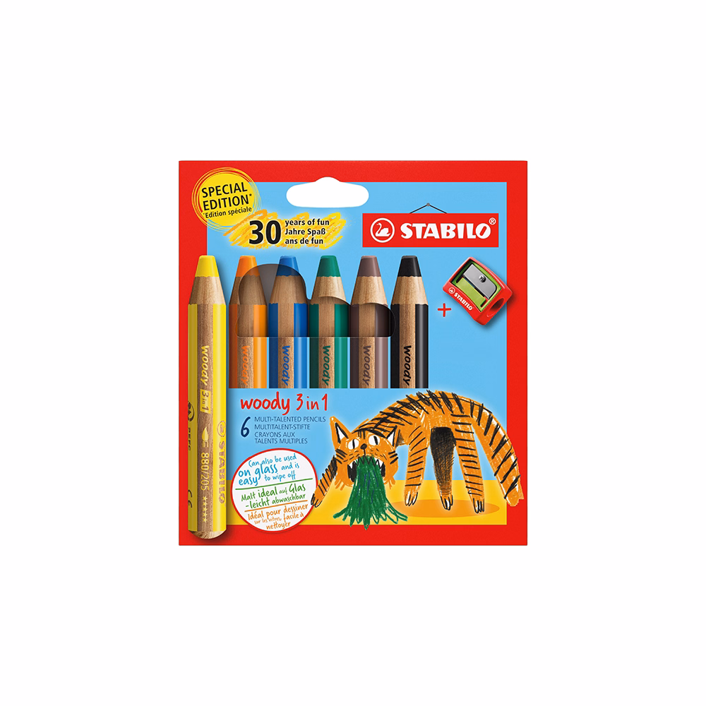 Színes ceruza STABILO Woody Tiger 3in1 hengeres vastag hegyezővel 6 darabos