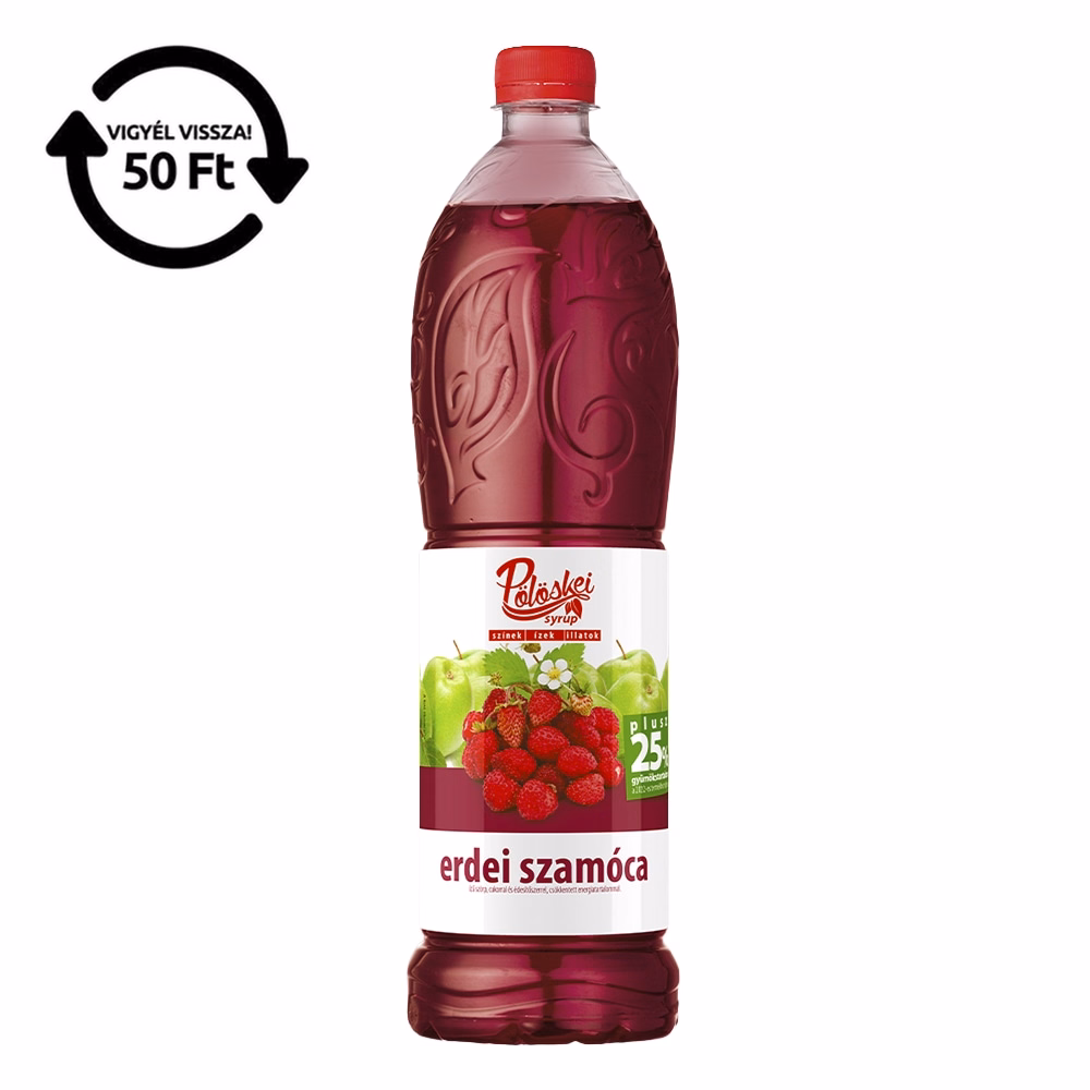 Szörp PÖLÖSKEI Syrup Erdei szamóca cukorral és édesítőszerrel 25% gyümölcstartalommal 1L DRS