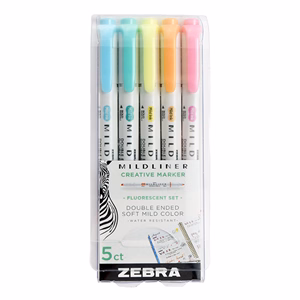 Szövegkiemelő készlet kétvégű ZEBRA Mildliner fluorescent 1,4-4,0 mm 5 darabos