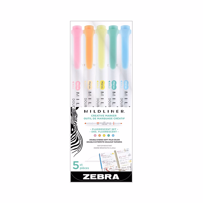 Szövegkiemelő készlet kétvégű ZEBRA Mildliner fluorescent 1,4-4,0 mm 5 darabos