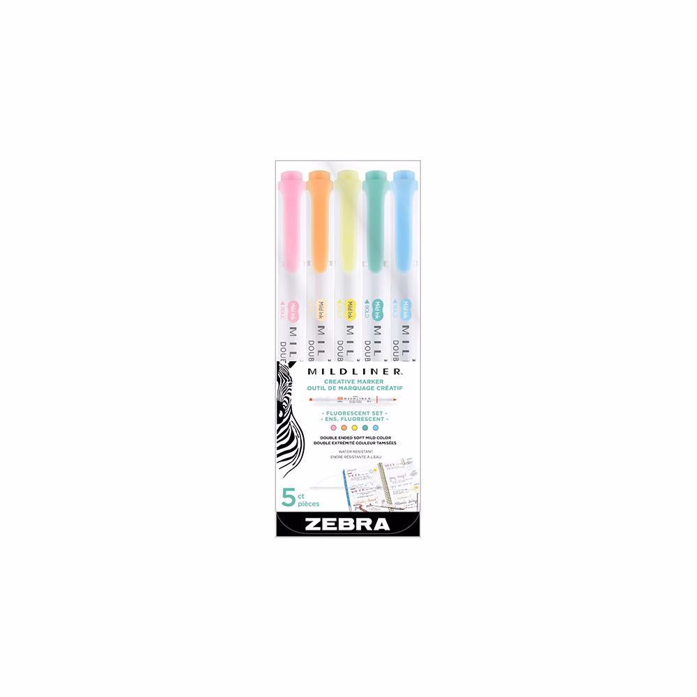 Szövegkiemelő készlet kétvégű ZEBRA Mildliner fluorescent 1,4-4,0 mm 5 darabos