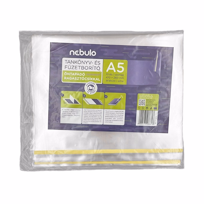 Tankönyvborító NEBULO A/5 öntapadós csíkkal víztiszta 65mic 47x26 cm 10 darabos