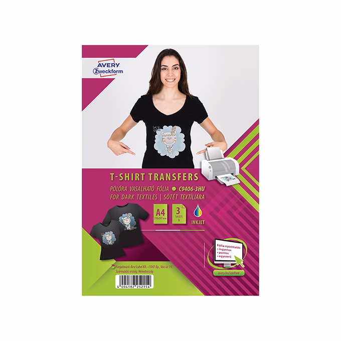 Textilre vasalható fólia AVERY C9406-3HU sötét pólóra vasalható tintasugaras nyomtatóhoz (3 ív/doboz)