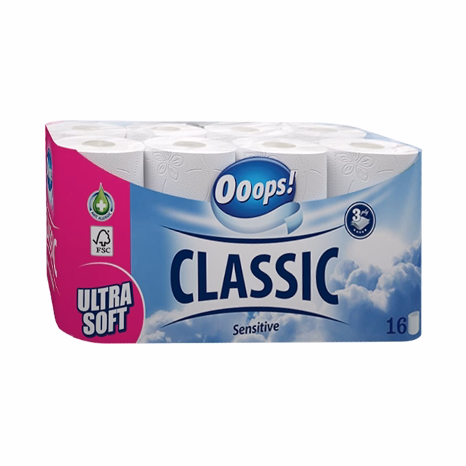Toalettpapír OOOPS! Classic Sensitive 3 rétegű 16 tekercs