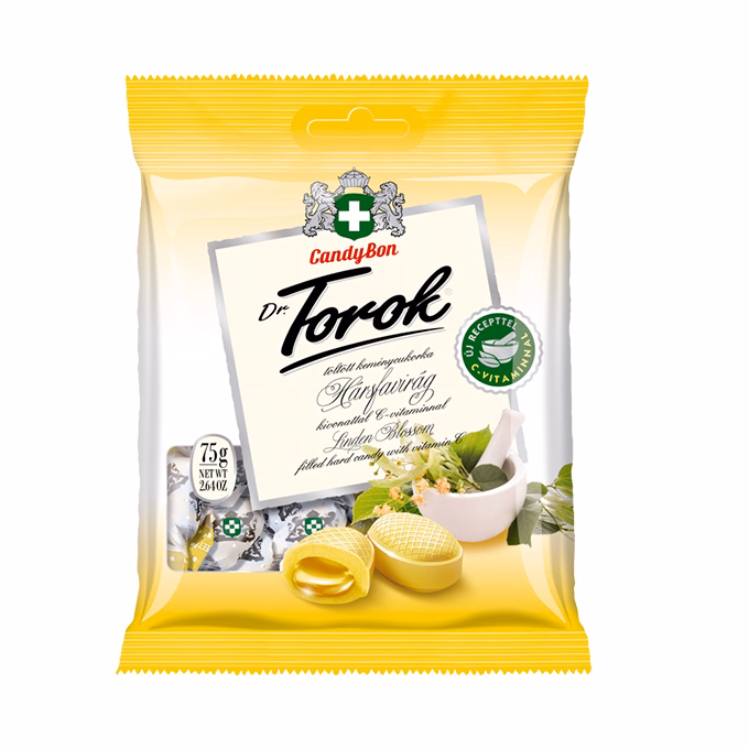 Töltött keménycukorka DR. TOROK hársfavirággal, C-vitaminnal 75 g