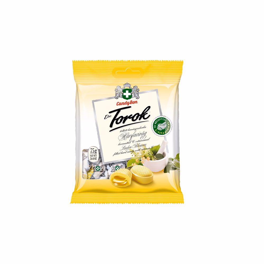 Töltött keménycukorka DR. TOROK hársfavirággal, C-vitaminnal 75 g
