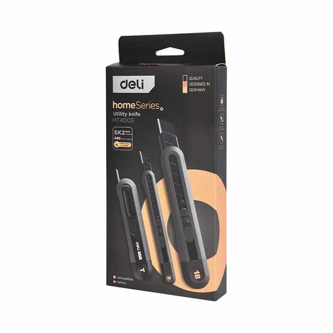 Univerzális vágókés DELI műanyag test különböző méret fekete 3 darabos