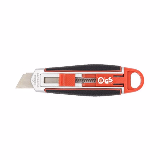 Univerzális vágókés WEDO 18 mm biztonsági 13,6 cm fém test gumi fogórész fém sínnel piros rövid pengével