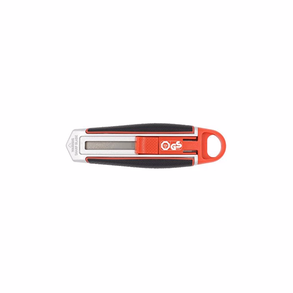 Univerzális vágókés WEDO 18 mm biztonsági 13,6 cm fém test gumi fogórész fém sínnel piros rövid pengével