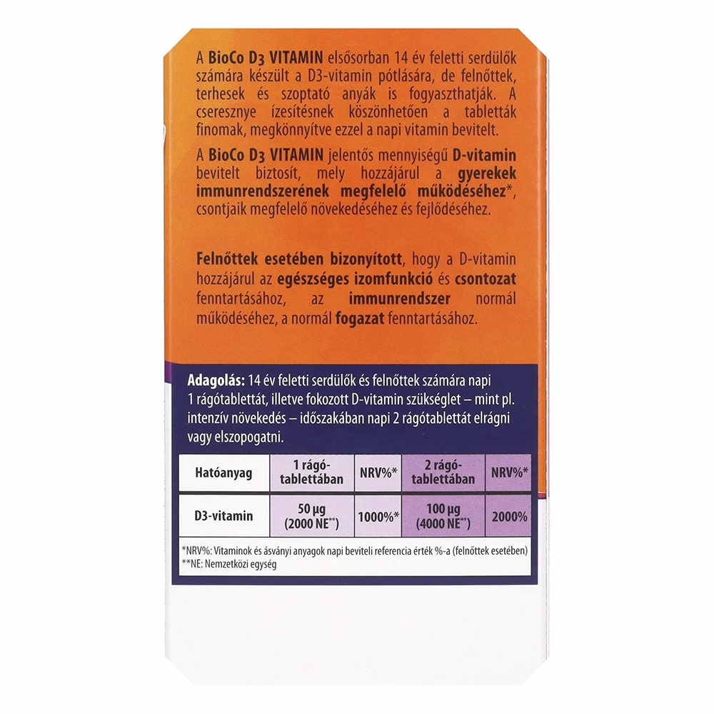 Vitamin BIOCO D3 2000 NE cseresznye ízű rágótabletta 90 darab