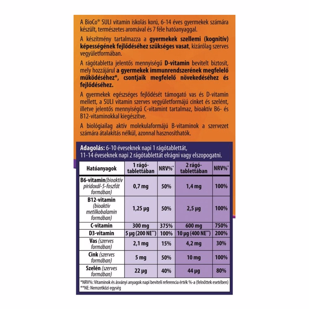Vitamin BIOCO Suli rágótabletta 6-14 éveseknek cseresznye ízű 90 darab