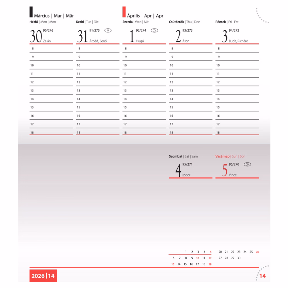 Zsebnaptár REALSYSTEM Kensington fekvő fehér lapos szürke 2026.