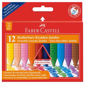 Zsírkréta FABER-CASTELL Grip Jumbo háromszögletű hegyezett radírozható 12 színű