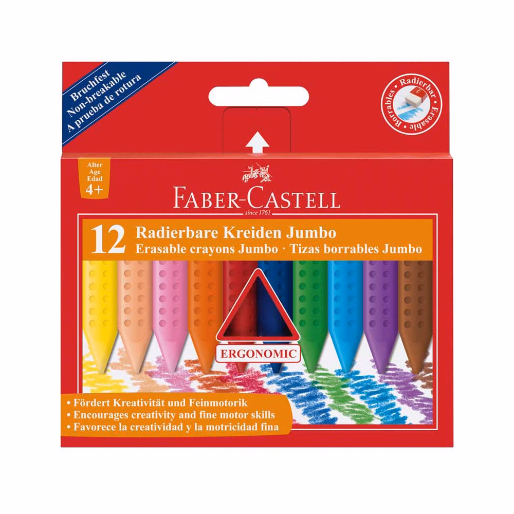 Zsírkréta FABER-CASTELL Grip Jumbo háromszögletű hegyezett radírozható 12 színű