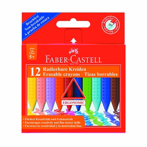 Zsírkréta FABER-CASTELL Grip háromszögletű hegyezett radírozható 12 színű