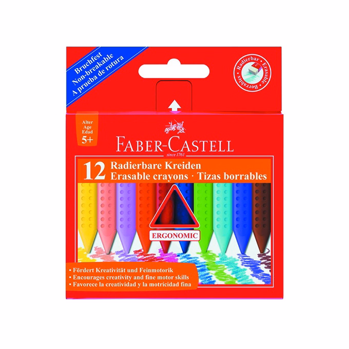 Zsírkréta FABER-CASTELL Grip háromszögletű hegyezett radírozható 12 színű