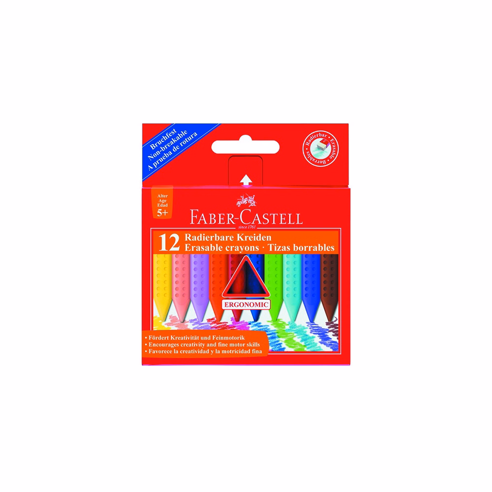Zsírkréta FABER-CASTELL Grip háromszögletű hegyezett radírozható 12 színű