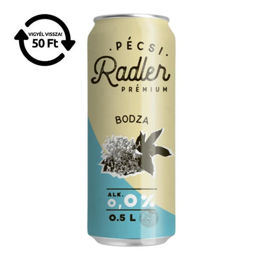 Alkoholmentes sör PÉCSI RADLER bodza 0,0% 500 ml DRS