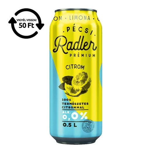 Alkoholmentes sör PÉCSI RADLER citrom 0,0% 500 ml DRS