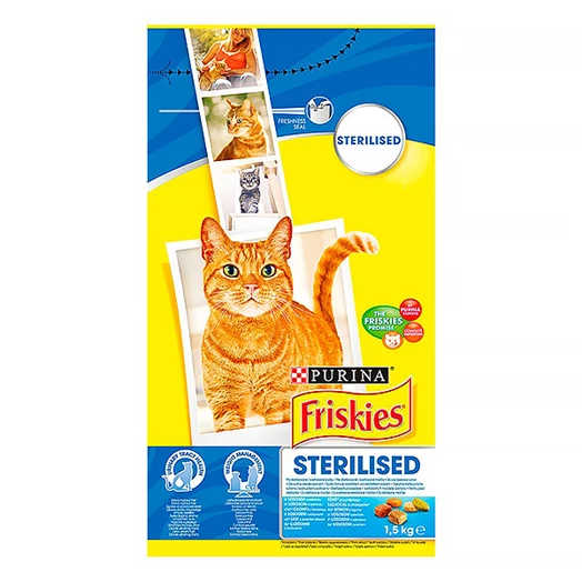 Állateledel száraz PURINA Friskies Sterilcat ivartalanított macskáknak lazaccal és zöldségekkel 1,5 kg