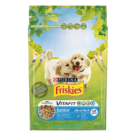 Állateledel száraz PURINA Friskies Vitafit Junior kutyáknak csirkehússal, zöldségekkel és tejjel 3 kg