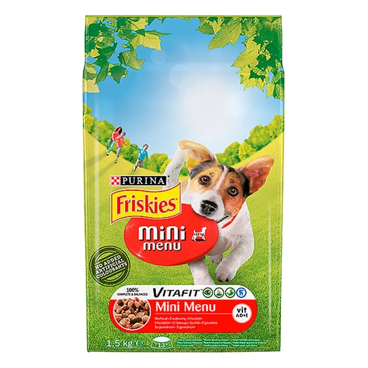 Állateledel száraz PURINA Friskies Vitafit Mini menü kutyáknak marhahússal és zöldséggel 1,5kg