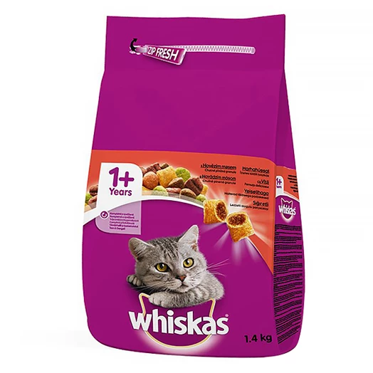 Állateledel száraz WHISKAS macskáknak marhahússal 1,4 kg