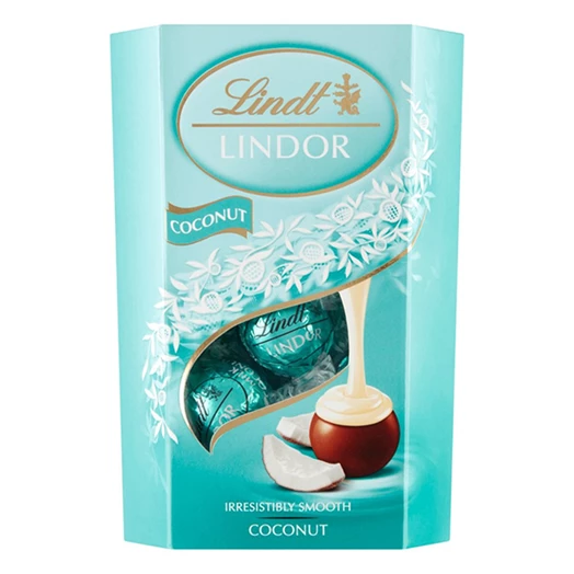 Csokoládé LINDT Lindor Coconut kókuszos fehércsokoládé golyók díszdobozban 200g