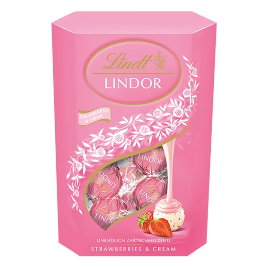 Csokoládé LINDT Lindor Strawberry&cream fehércsokoládé golyók díszdobozban 200g