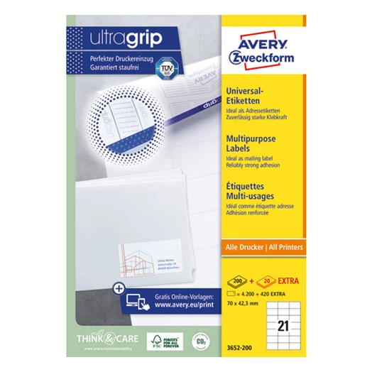 Etikett AVERY 3652-200 70x42,3 mm fehér univerzális 4620 címke/doboz 200+20 ív/doboz