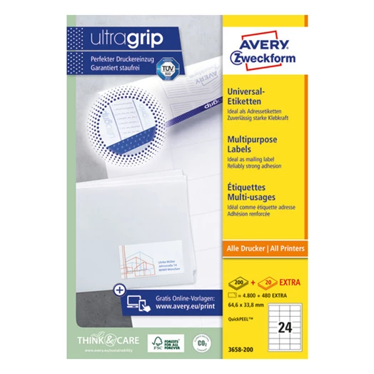 Etikett AVERY 3658-200 64,6x33,8 mm fehér univerzális 5280 címke/doboz 200+20 ív/doboz