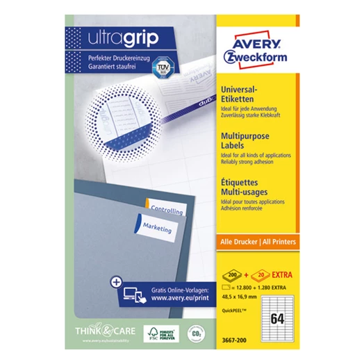 Etikett AVERY 3667-200 48,5x16,9 mm fehér univerzális 14080 címke/doboz 200+20 ív/doboz