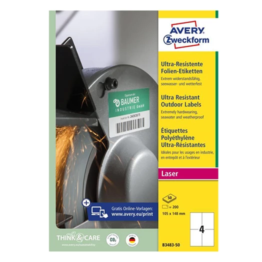 Etikett AVERY B3483-50 105x148 mm ultra ellenálló 200 címke/csomag 50 ív/csomag