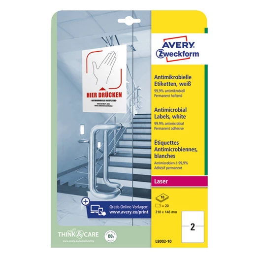 Etikett AVERY L8002-10 210x148mm antimikrobiális fehér 20 címke/doboz 10 ív/doboz