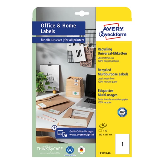 Etikett AVERY LR3478-10 210x297mm környezetbarát  10 címke/doboz 10 ív/doboz