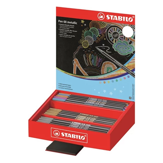 Filctoll STABILO Pen 68 metallic 60 darabos asztali display fekete teszttömbbel