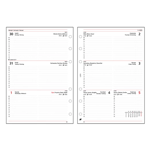 Gyűrűs kalendárium betét SATURNUS L311/F heti fehér lapos 2025.