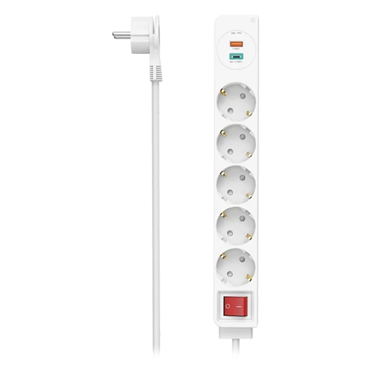 Kábel hosszabbító HAMA 5 aljzat + USB-C/USB-A 1,4m kapcsolóval fehér