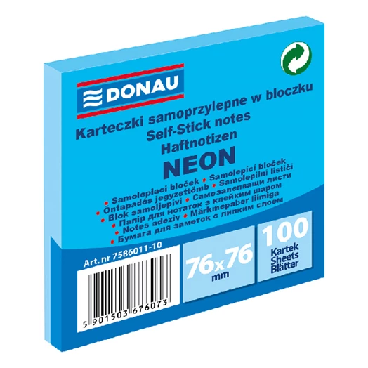 Öntapadós jegyzettömb DONAU 76x76 mm 100 lap neon kék