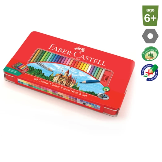 Színes ceruza FABER-CASTELL hatszögletű fémdobozos 60 db/készlet+kiegészítők