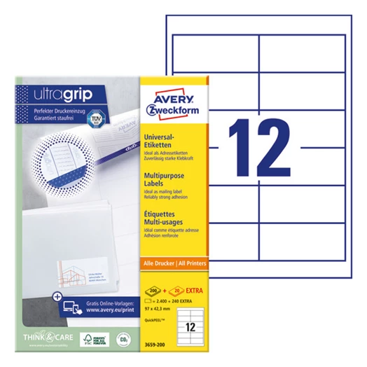 Etikett AVERY 3659-200 97x42,3 mm fehér univerzális 2640 címke/doboz 200+20 ív/doboz