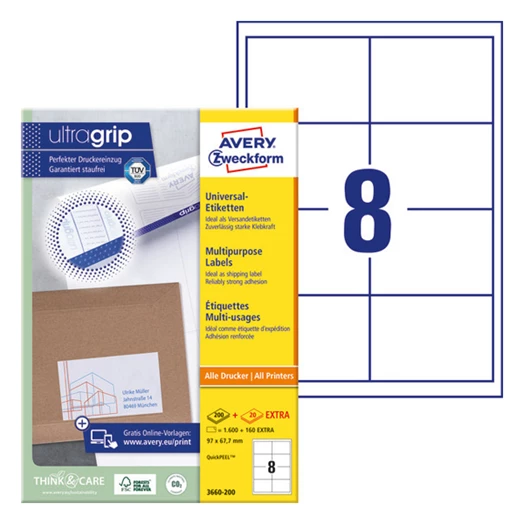Etikett AVERY 3660-200 97x67,7 mm fehér univerzális 1760 címke/doboz 200+20 ív/doboz