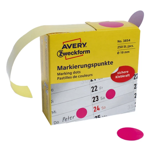 Etikett AVERY 3854 öntapadó jelölőpont adagoló dobozban pink 19mm 250 jelölőpont/doboz