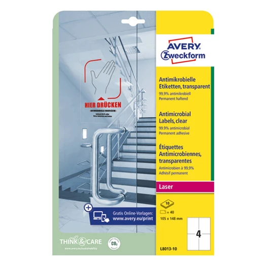 Etikett AVERY L8013-10 105x148mm antimikrobiális átlátszó 40 címke/doboz 10 ív/doboz