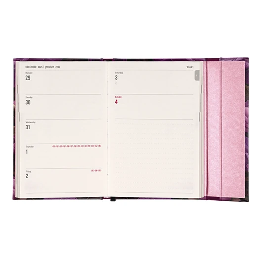 Határidőnapló mágnessel záródó REALSYSTEM 110x160mm heti sárga lapos Purple flowers 2026.